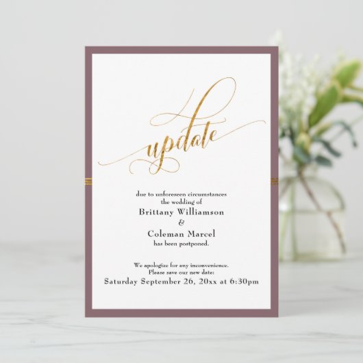 Elegante uitgestelde bruiloft Mauve Gold Stripe Ka Kaart (Staand voorkant)