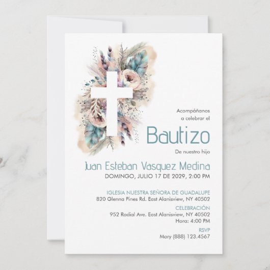 Elegante Uitnodiging Bautizo Witte Bloemen Doop (Voorkant)