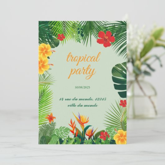 Elegante uitnodiging met een tropisch thema in fel (Staand voorkant)