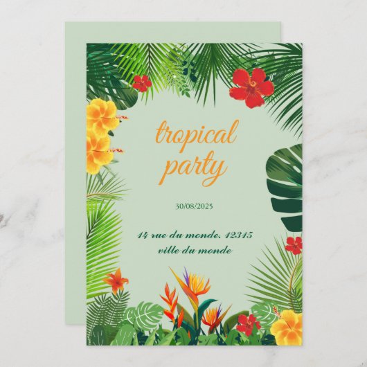 Elegante uitnodiging met een tropisch thema in fel (Voorkant / Achterkant)
