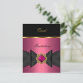 Elegante uitnodiging roze zwart gouden strik siera (Staand voorkant)
