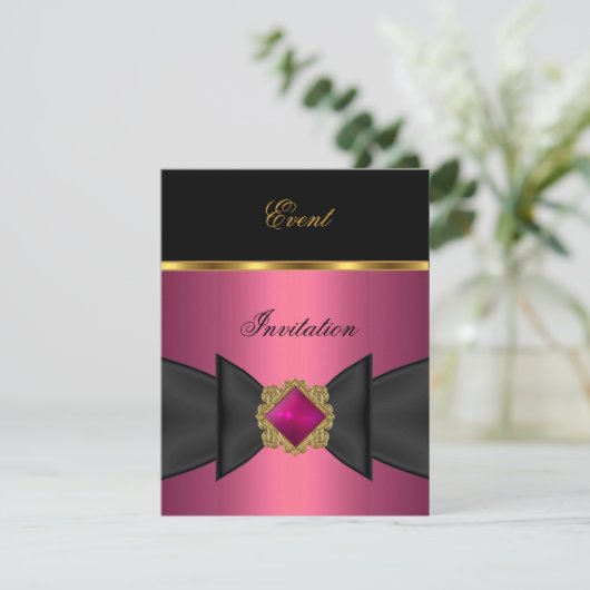 Elegante uitnodiging roze zwart gouden strik siera (Staand voorkant)