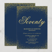 Elegante uitnodiging voor 70e verjaardag Gold Navy (Voorkant / Achterkant)