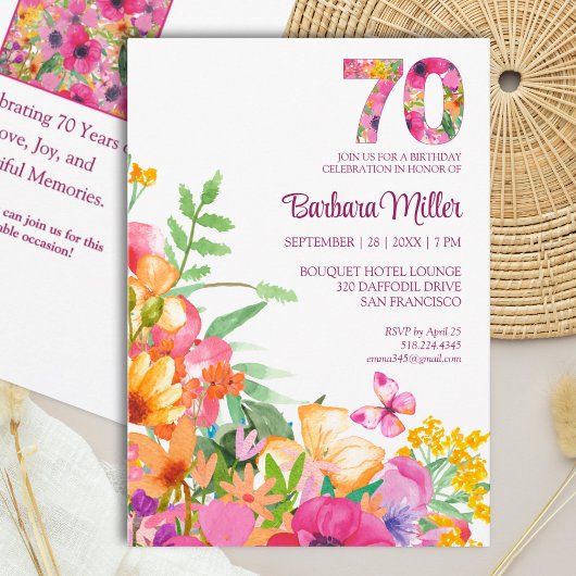 Elegante uitnodiging voor 70e verjaardag met bloem