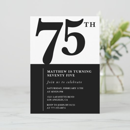 Elegante uitnodiging voor 75e verjaardag Black Chi (Staand voorkant)