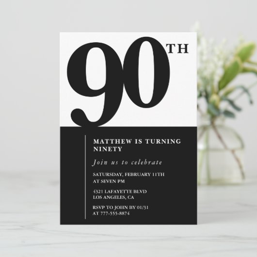 Elegante uitnodiging voor 90ste verjaardag Black C (Staand voorkant)