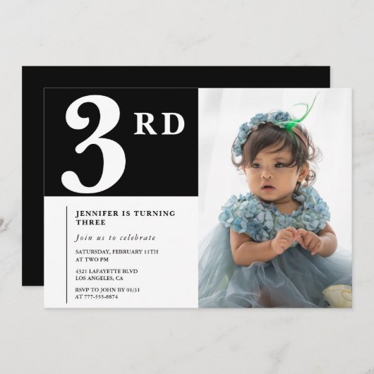 Elegante uitnodiging voor de 3e verjaardag Black C (Voorkant / Achterkant)
