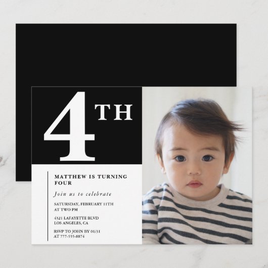 Elegante uitnodiging voor de 4e verjaardag Black B (Voorkant / Achterkant)