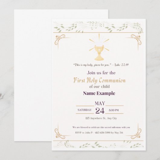 Elegante uitnodiging voor de eerste Heilige Commun (Voorkant / Achterkant)