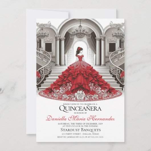 Elegante uitnodiging voor een Quinceañera in het r (Voorkant)