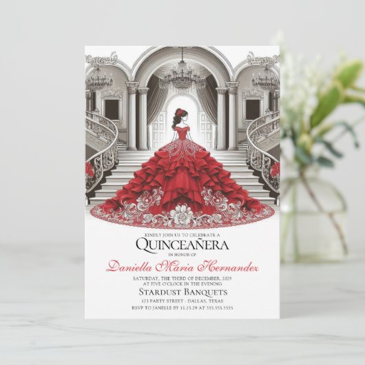 Elegante uitnodiging voor een Quinceañera in het r (Staand voorkant)