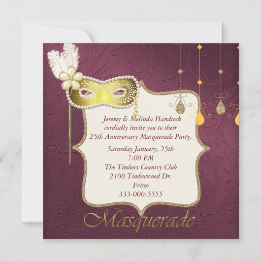 Elegante uitnodiging voor Maroon & Goud Maskerade  (Voorkant)