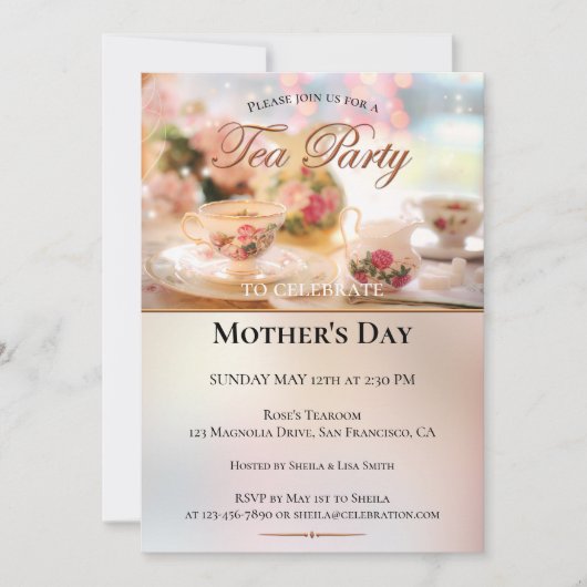 Elegante uitnodiging voor Moederdag theepartij (Voorkant)