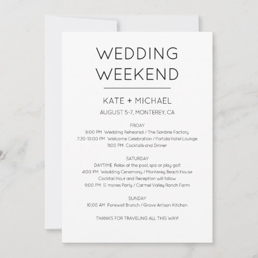 Elegante uitnodiging voor weekend huwelijks itiner (Voorkant)