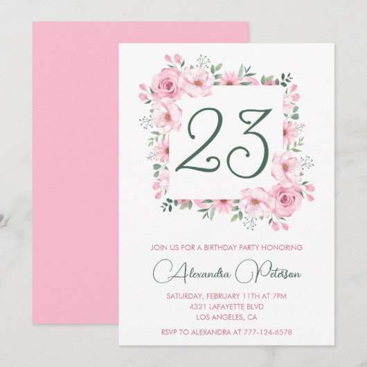 Elegante uitnodigingen voor 23e verjaardag Bloem R (Voorkant / Achterkant)