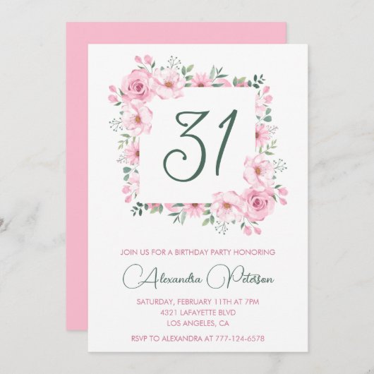 Elegante uitnodigingen voor 31e verjaardag Bloem R (Voorkant / Achterkant)