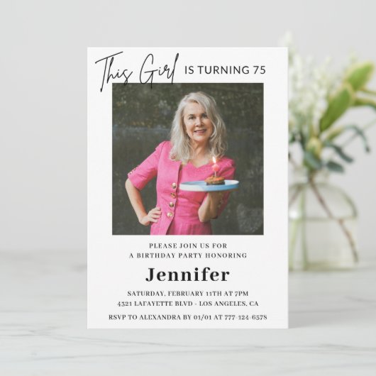 Elegante uitnodigingen voor 75e verjaardag Foto Mo (Staand voorkant)