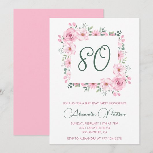 Elegante uitnodigingen voor 80ste verjaardag Bloem (Voorkant / Achterkant)