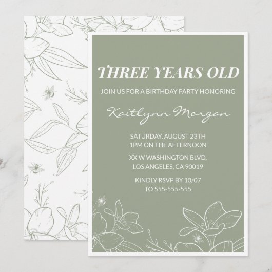 Elegante uitnodigingen voor de 3e verjaardag Flora (Voorkant / Achterkant)