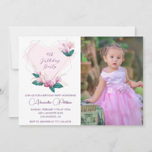Elegante uitnodigingen voor de 4e verjaardag Flora (Voorkant)