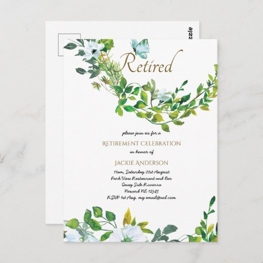 Elegante UITNODIGINGEN voor PENSIONERING Botanisch (Voorkant / Achterkant)