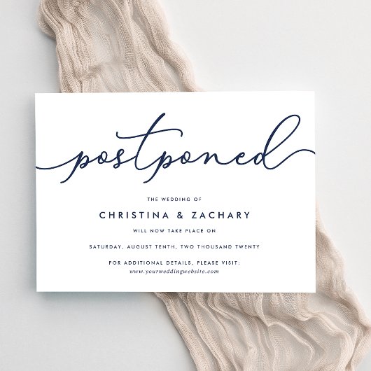 Elegante uitstel van Navy & Witte Script-huwelijk Aankondiging