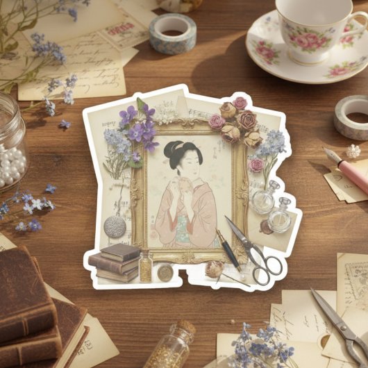 Elegante Ukiyoe-Collagekunst – Oude JP-schoonheid Sticker