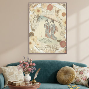 Elegante Ukiyoe-collagekunst – Vintage JP-schoonhe Canvas Afdruk