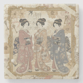 Elegante Ukiyoe-collagekunst – Vintage JP-schoonhe Stenen Onderzetter