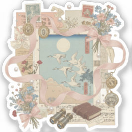 Elegante Ukiyoe-collagekunst – Vintage JP-schoonhe Sticker