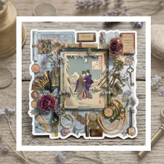 Elegante Ukiyoe-Collagekunst – Vintage JP-schoonhe Sticker