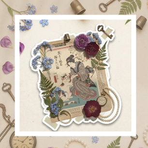 Elegante Ukiyoe-collagekunst – Vintage JP-schoonhe Sticker