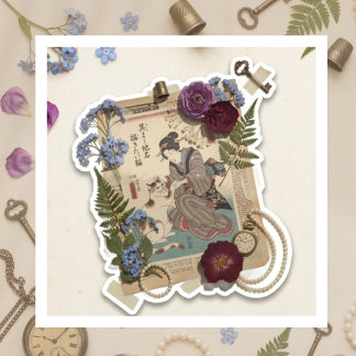Elegante Ukiyoe-collagekunst – Vintage JP-schoonhe Sticker