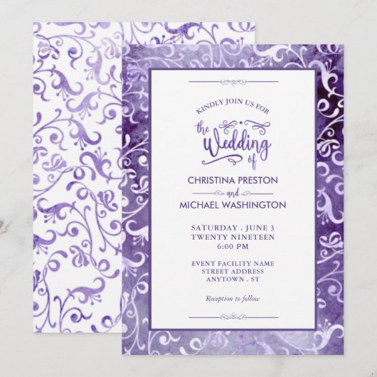 Elegante ultra violette Waterverf bloeit bruiloft Kaart (Voorkant / Achterkant)