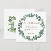 Elegante unieke eucalyptusloof gouden Quinceañera Save The Date (Voorkant / Achterkant)