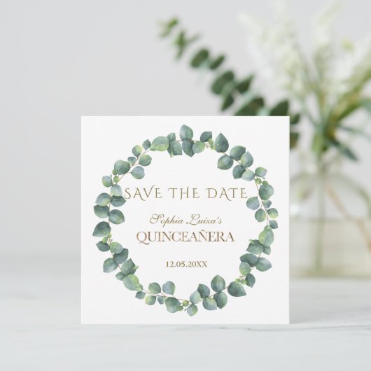 Elegante unieke eucalyptusloof gouden Quinceañera Save The Date (Staand voorkant)