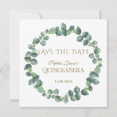 Elegante unieke eucalyptusloof gouden Quinceañera Save The Date (Voorkant)