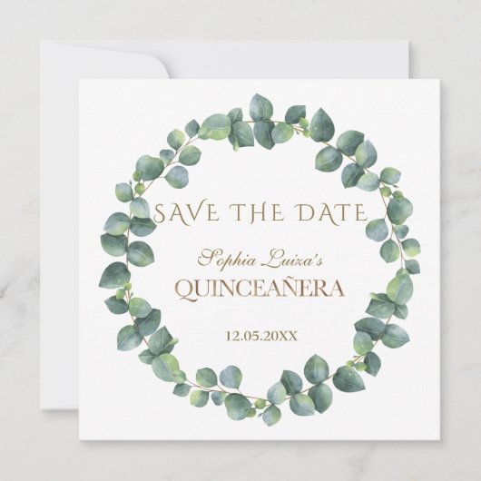 Elegante unieke eucalyptusloof gouden Quinceañera Save The Date (Voorkant)