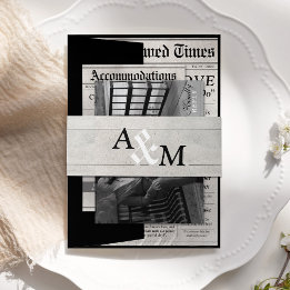 Elegante unieke krant bruiloft uitnodiging suite uitnodigingen wikkel