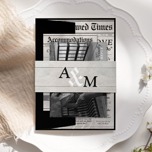 Elegante unieke krant bruiloft uitnodiging suite uitnodigingen wikkel