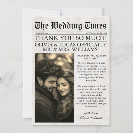 Elegante unieke krant foto bruiloft bedankkaart (Voorkant)
