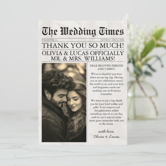 Elegante unieke krant foto bruiloft bedankkaart (Staand voorkant)