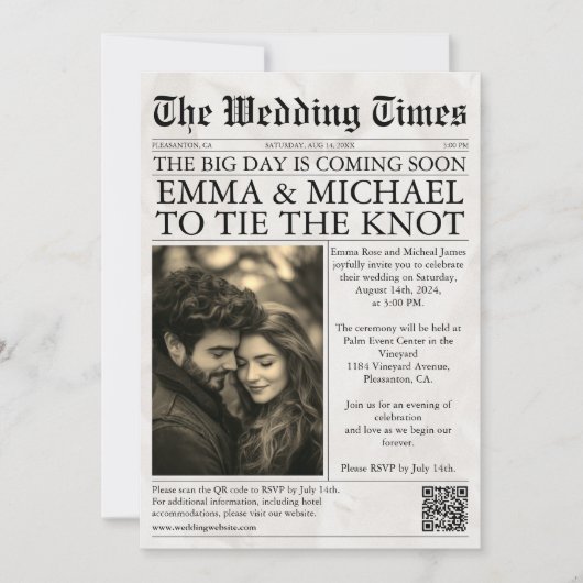 Elegante unieke krant foto bruiloft kaart (Voorkant)