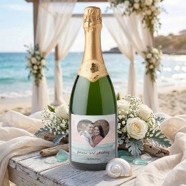 Elegante unieke kuststrand trouwfoto sparkling wijnetiket