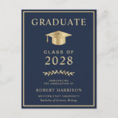 Elegante universiteitsfoto blauw goud afstuderen aankondigingskaart (Voorkant)