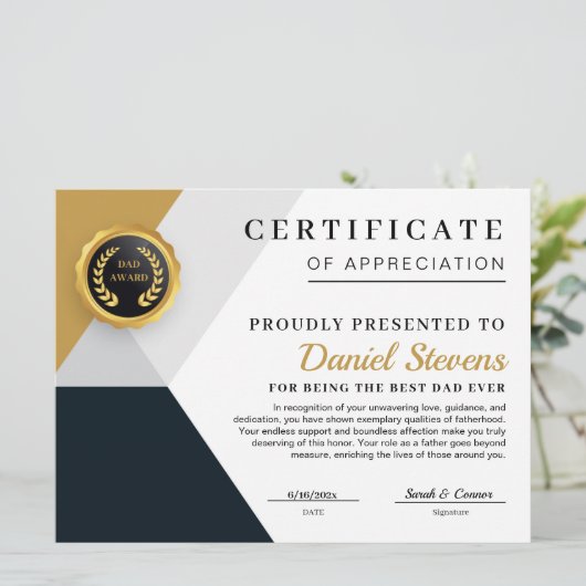 Elegante Vaderdag Certificaatkaart Feestdagenkaart (Staand voorkant)