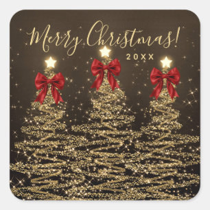 Elegante vakantie goud rode kerstbomen met strikke vierkante sticker