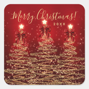 Elegante vakantie goud rode kerstbomen met strikke vierkante sticker