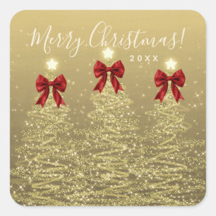 Elegante vakantie goud rode kerstbomen met strikke vierkante sticker