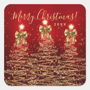 Elegante vakantie goud rode kerstbomen met strikke vierkante sticker